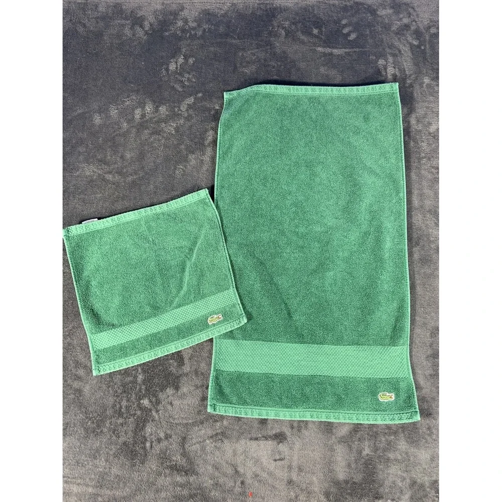 Lacoste Legend Green Supima Cotton 2 Piece Towel Set Hand Washcloth Crocodile
